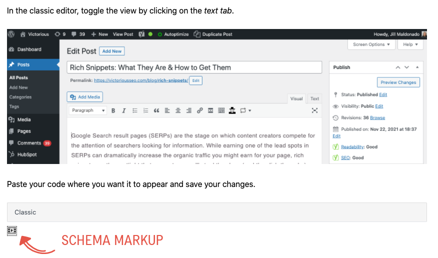 captura de pantalla que muestra cómo se ve el marcado JSON-LD en el editor de vistas de wordpress