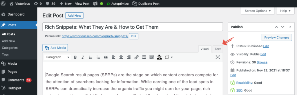 captura de pantalla de cómo acceder al código en wordpress
