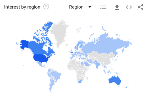Un mapa del mundo que indica la popularidad de las palabras clave.