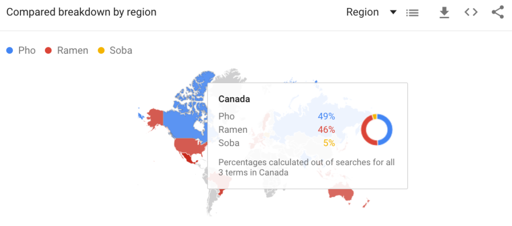 Un mapa del mundo que muestra datos comparativos de términos relacionados en Canadá.