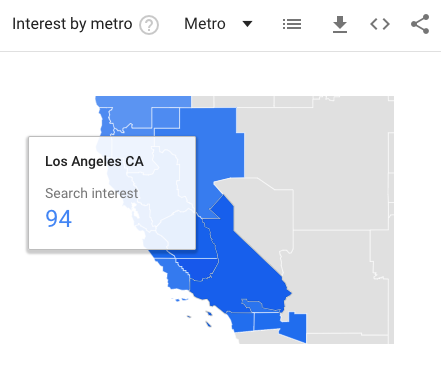 Mapa de California que muestra el área metropolitana de Los Ángeles.