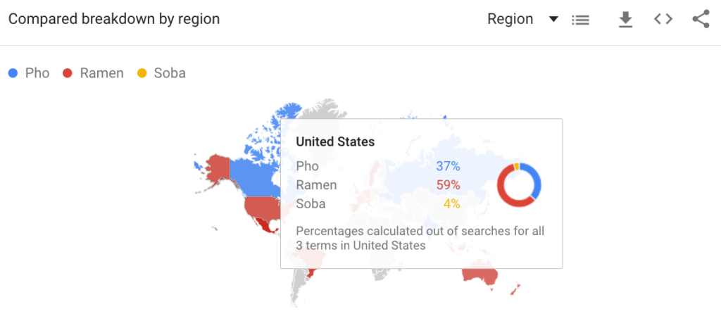 Un mapa del mundo que muestra datos comparativos de términos relacionados en los EE. UU.