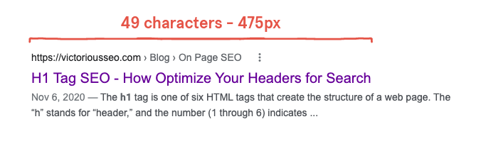 Un ejemplo de un fragmento de la Búsqueda de Google muestra un h1 que tiene 49 caracteres de largo y 475 píxeles de ancho.