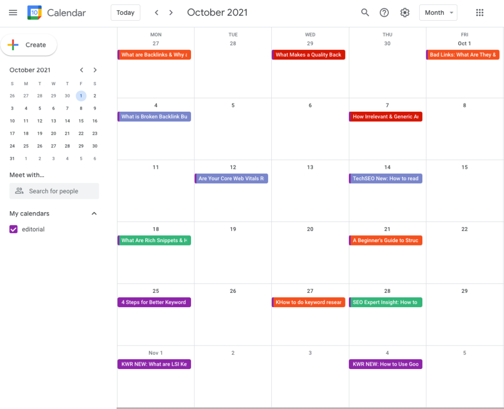 Ejemplo de un calendario editorial en Google
