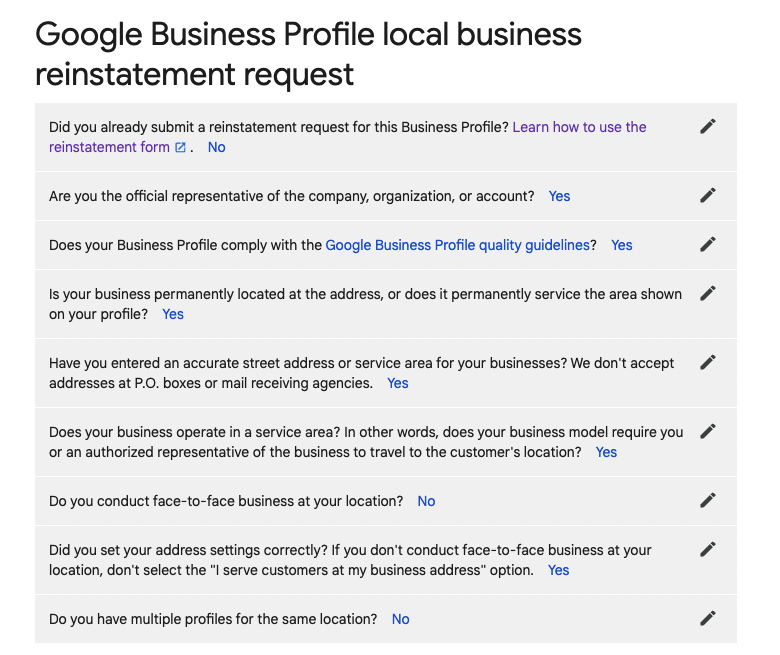 Solicitud de restablecimiento de Google My Business