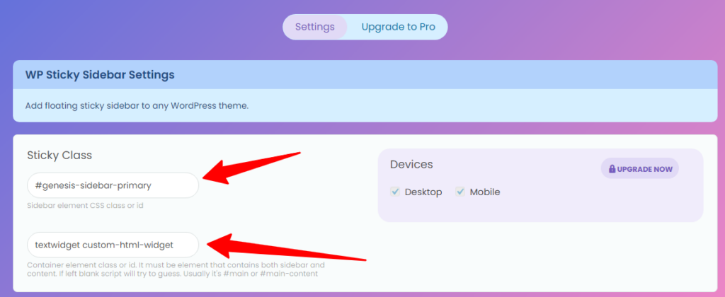 Strona ustawień wtyczki My Sticky Sidebar WordPress