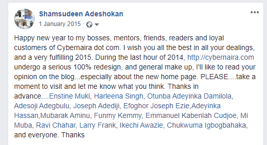 Facebook post 1st January 2015