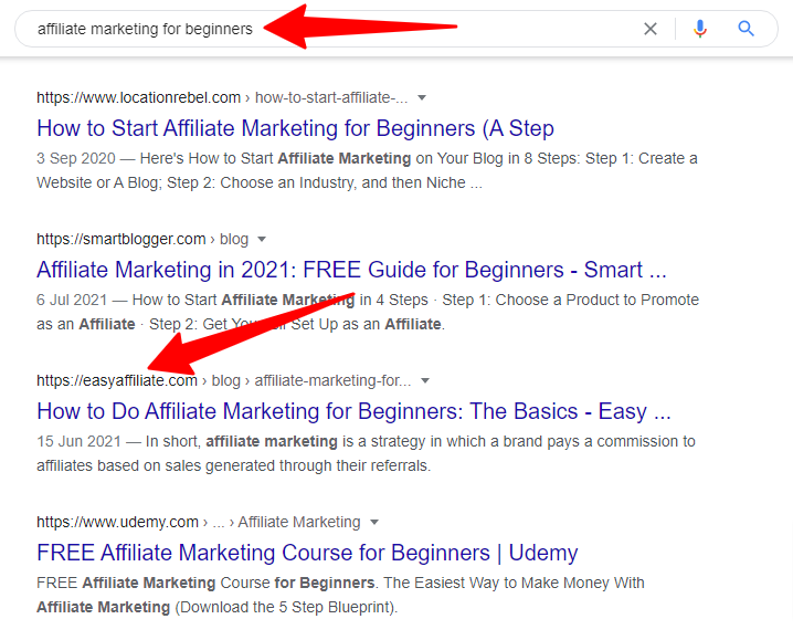 Hasil pencarian Google untuk istilah affiliate marketing untuk pemula