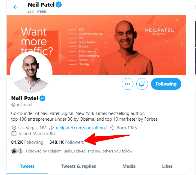 Página de perfil de Twitter de Neil Patel
