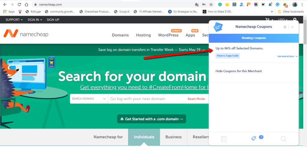 Sitio web de cupones Namecheap