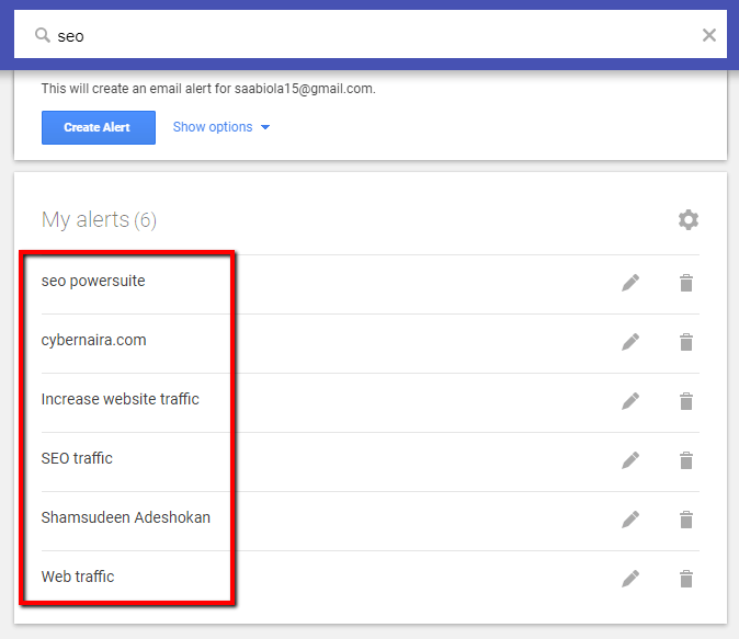 Configuración de la página de palabras clave de alerta de Google