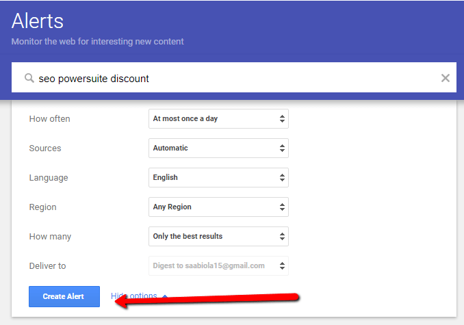 Página de configuración de alertas de Google