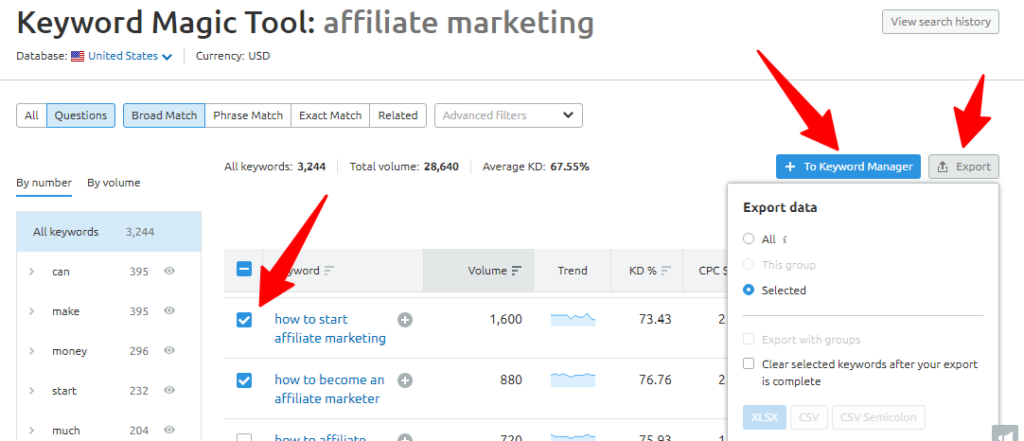 exportar datos de palabras clave en semrush keyword magic