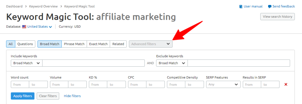 opción de filtros avanzados en SEMRush keyword magic