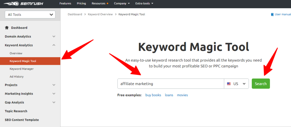 investigación de palabras clave con herramienta de palabras clave en semrush