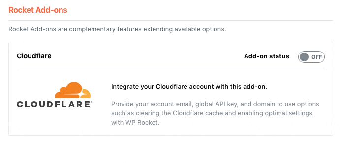 WP Rocket Add-on Cloudflare التبديل