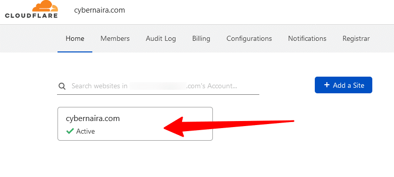 اختيار موقع الويب في Cloudflare