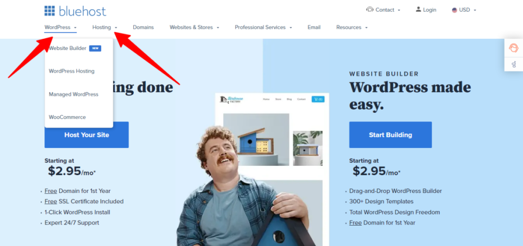 Página inicial do Bluehost - tipos de hospedagem