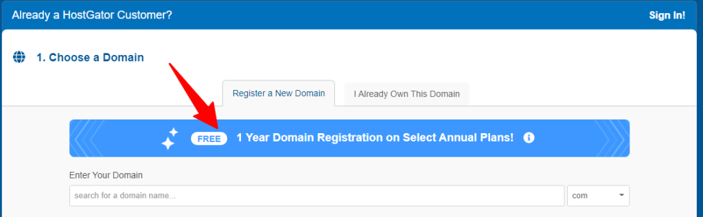 Formulário de registro de nome de domínio gratuito por 1 ano no HostGator