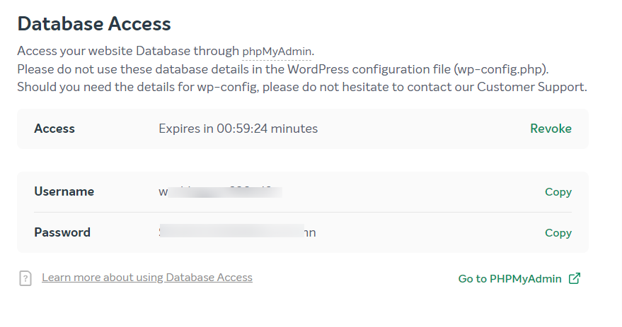 Dados de login de acesso ao banco de dados EasyWP