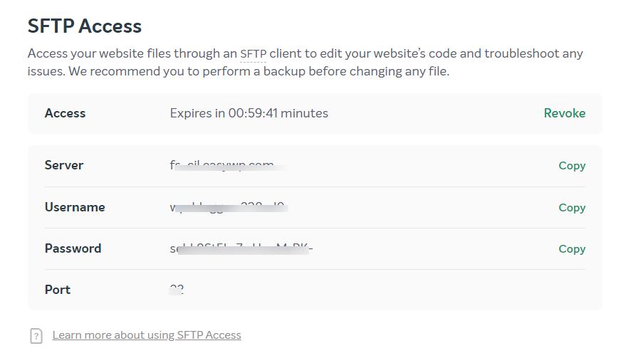 Detalhes de acesso e login SFTP