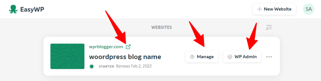 Blogs WordPress no painel do usuário EasyWP