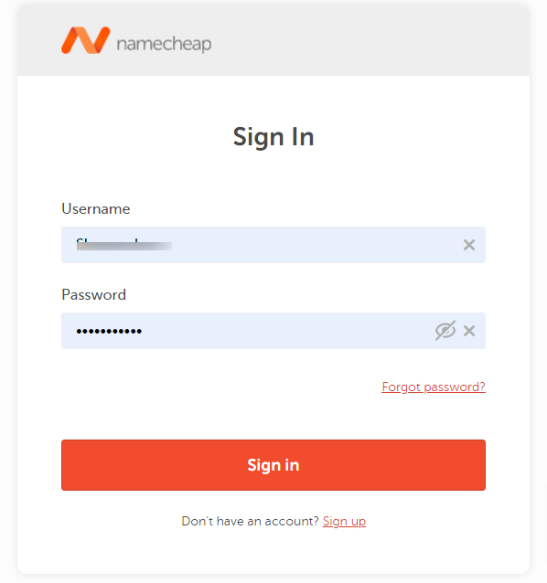 Página de login NameCheap com detalhes