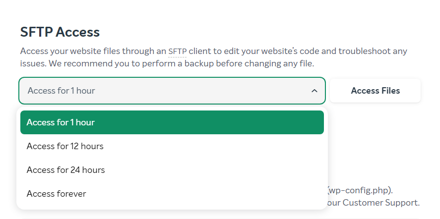 Duração do acesso SFTP no EasyWP
