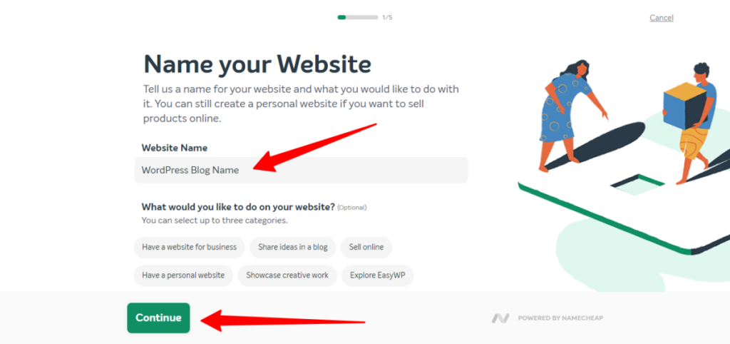 Instalando o WordPress no EasyWP - Passo 1 - Dê um nome ao seu blog