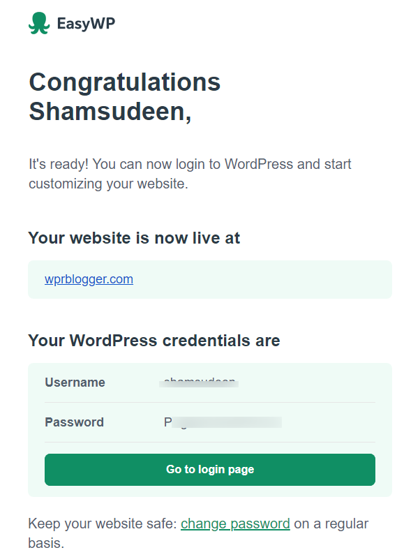 E-mail de boas-vindas do EasyWP com detalhes de login do blog WordPress