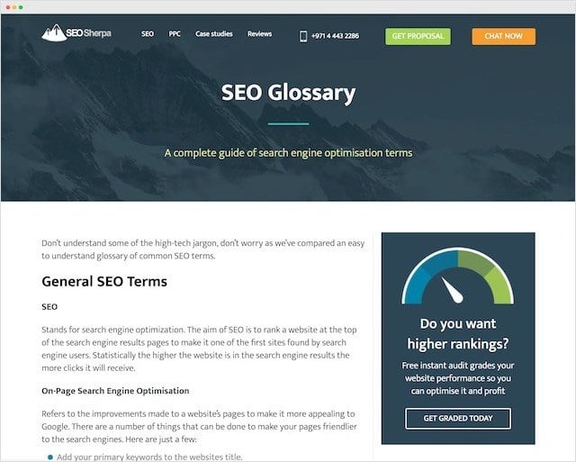 Página de glosario de SEO