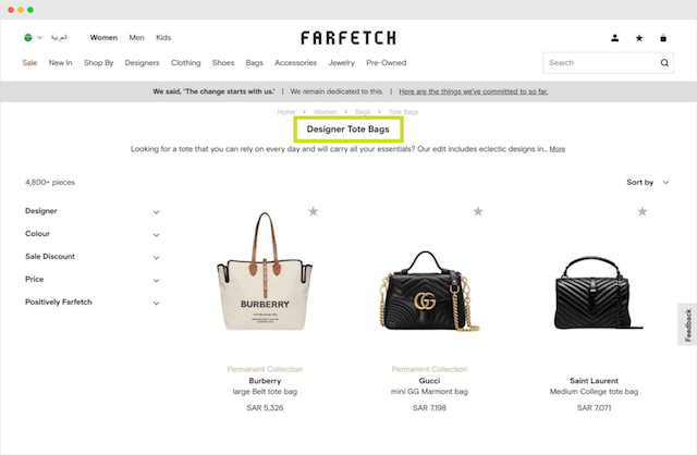 Página de categoría de Farfetch