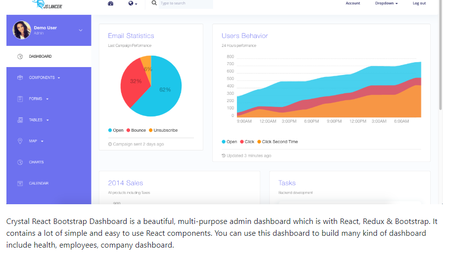 เทมเพลต React ที่ปราศจากแดชบอร์ดของ Crystal React