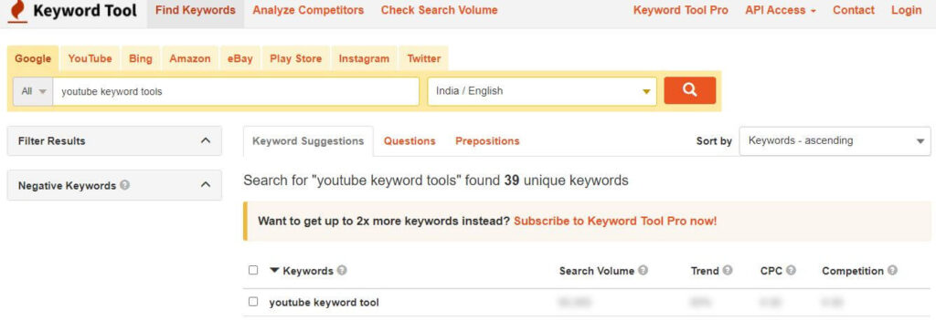 Keywordtool.io-YouTube를 위한 최고의 키워드 조사 도구
