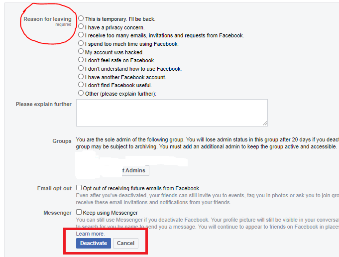 Sélectionnez la raison de quitter le compte Facebook