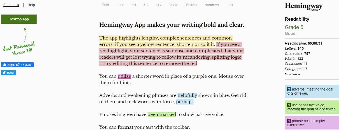hemingwayapp-Cele mai bune instrumente online gratuite de verificare a citirii conținutului SEO