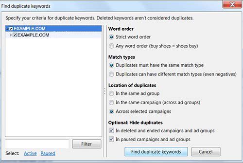 Как использовать Редактор AdWords 11.2 для поиска повторяющихся ключевых слов