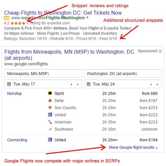 リッチスニペット検索結果でフライトGoogleリッチスニペット