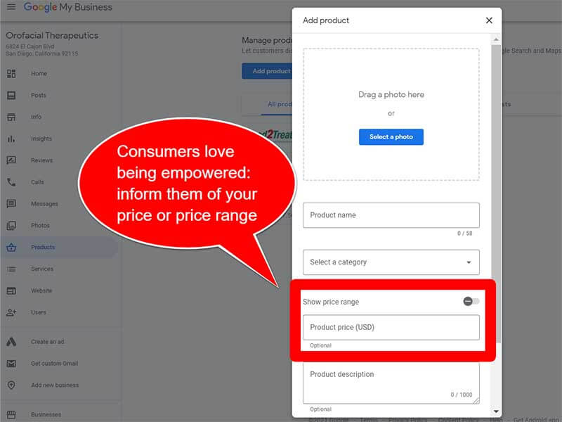 Добавьте ценовой диапазон или фиксированную цену для своих продуктов в Google My Business.