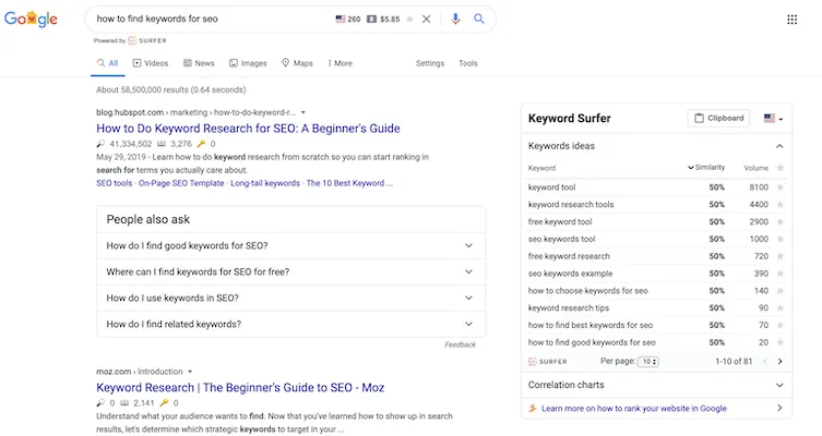Keyword Surfer أداة البحث عن الكلمات الرئيسية Chrome Extention أداة البحث عن الكلمات الرئيسية