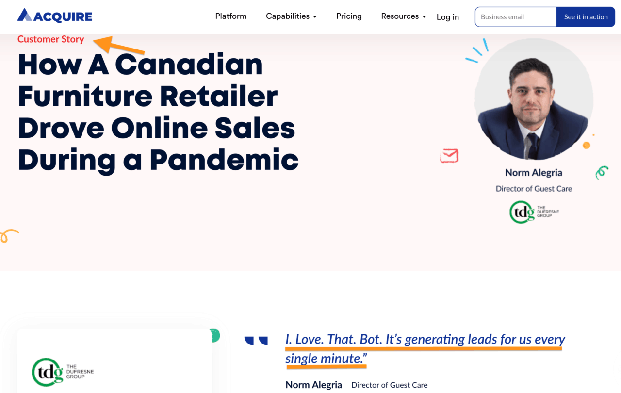 uma captura de tela de uma história de cliente de adquirir