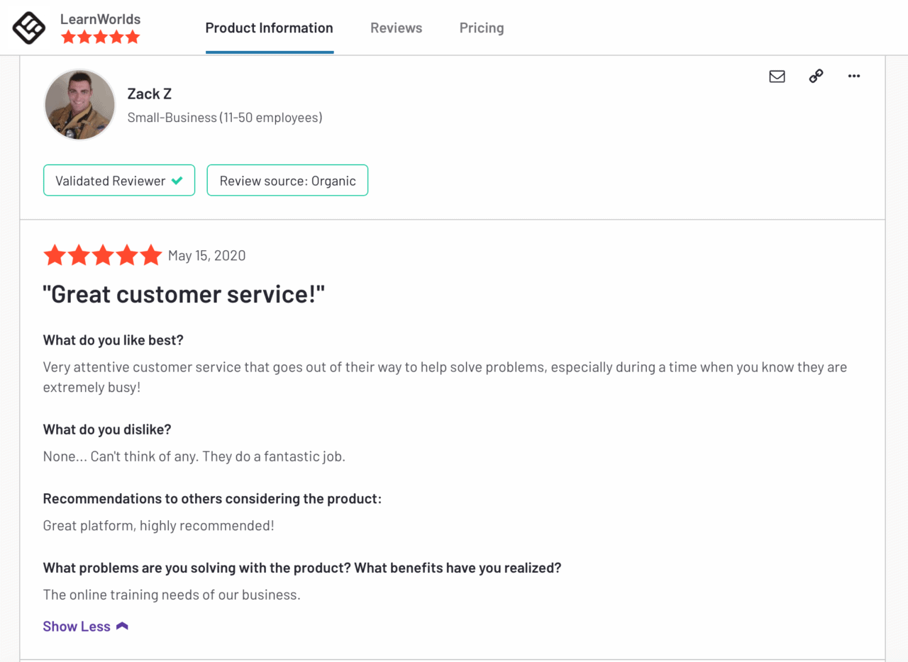 uma captura de tela de uma avaliação do cliente no learnworlds