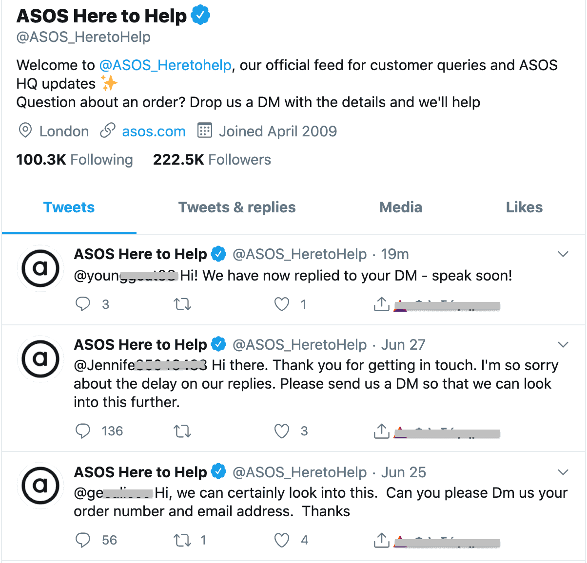 uma captura de tela da conta do twitter da ajuda da asos