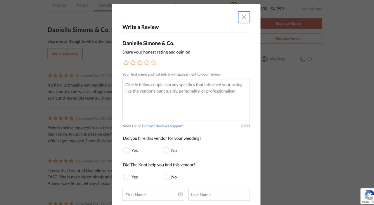 Captură de ecran a formularului de evaluare a furnizorului de pe site-ul web Knot