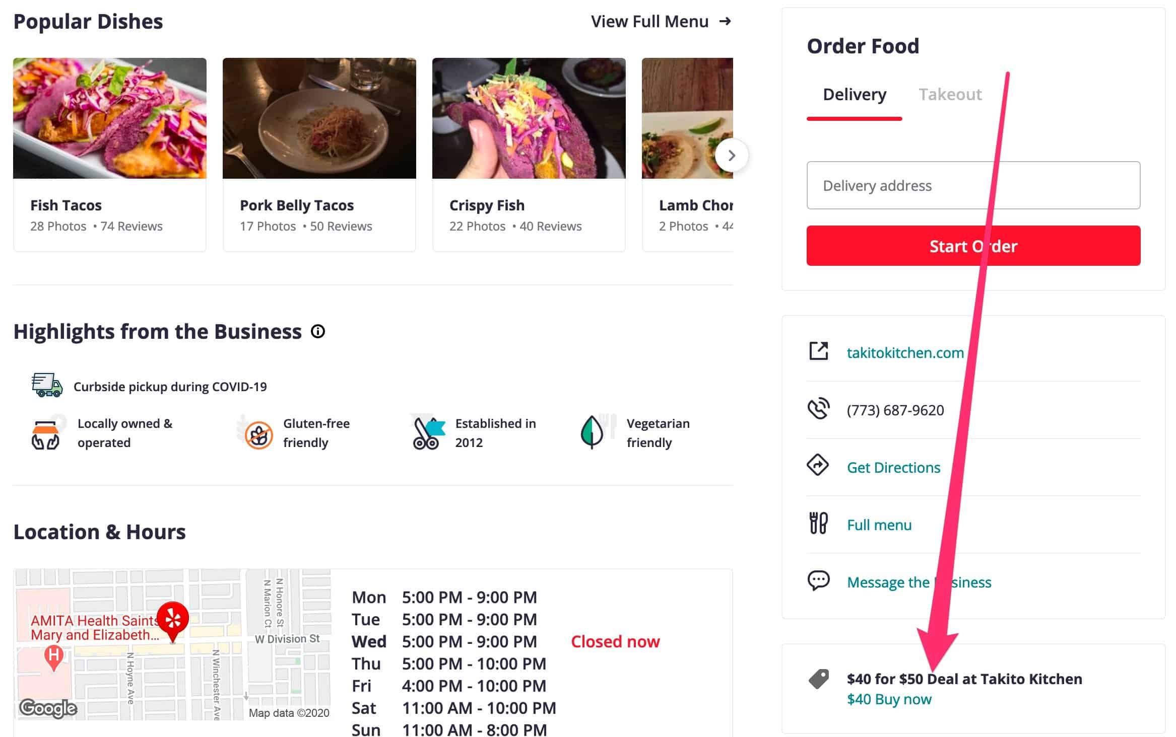uma captura de tela de um widget de ofertas em uma listagem do Yelp