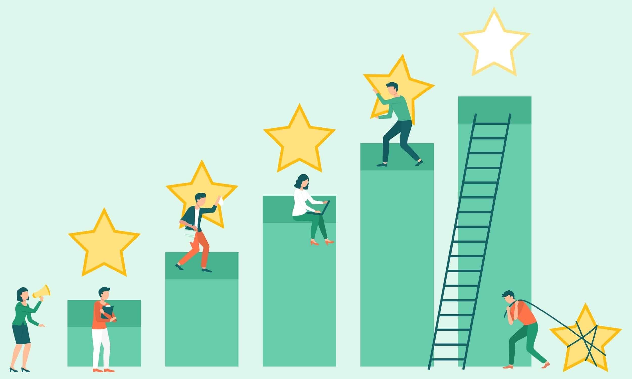 um grupo de pessoas trabalhando juntas para obter avaliações do Yelp para aumentar a visibilidade online