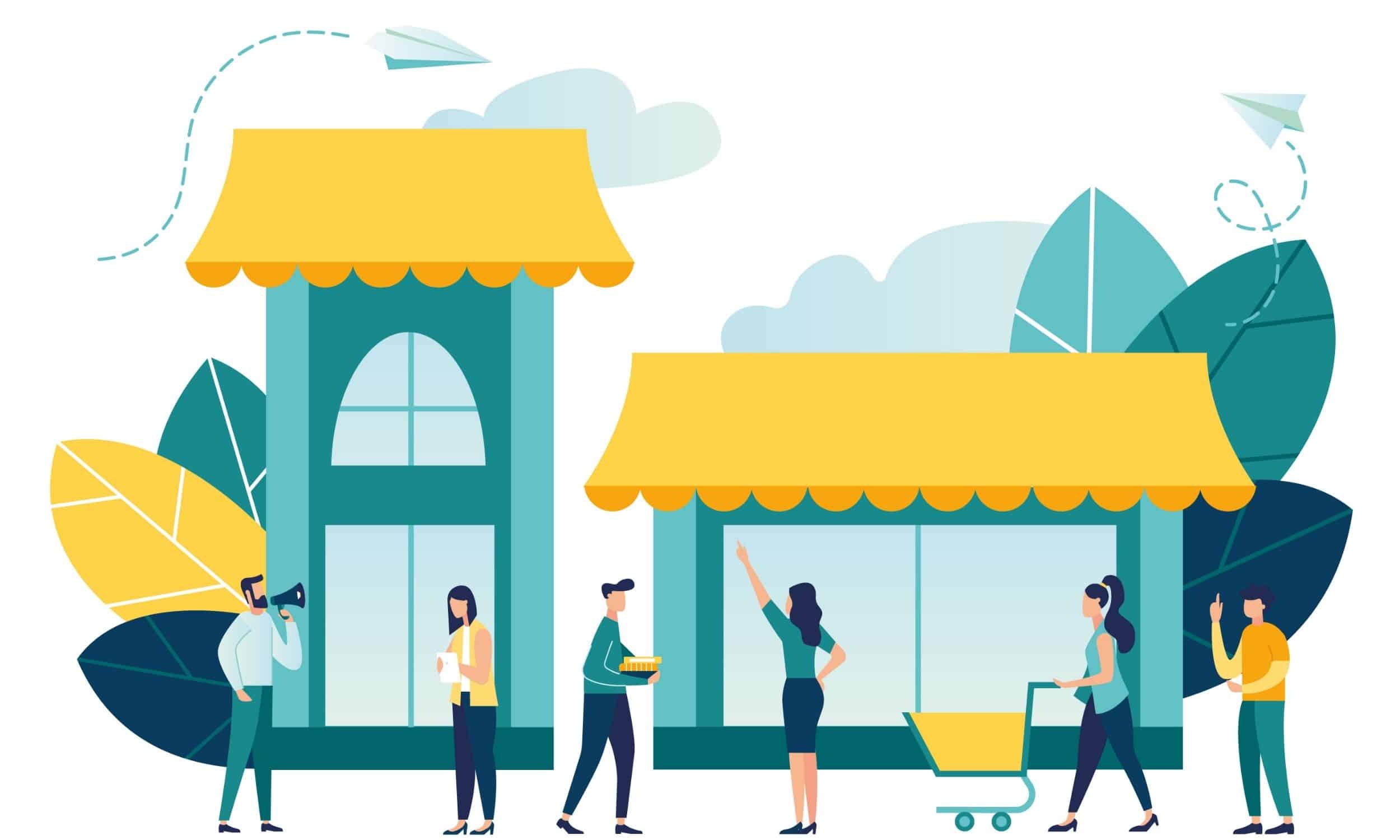 un grup de oameni în afara magazinelor