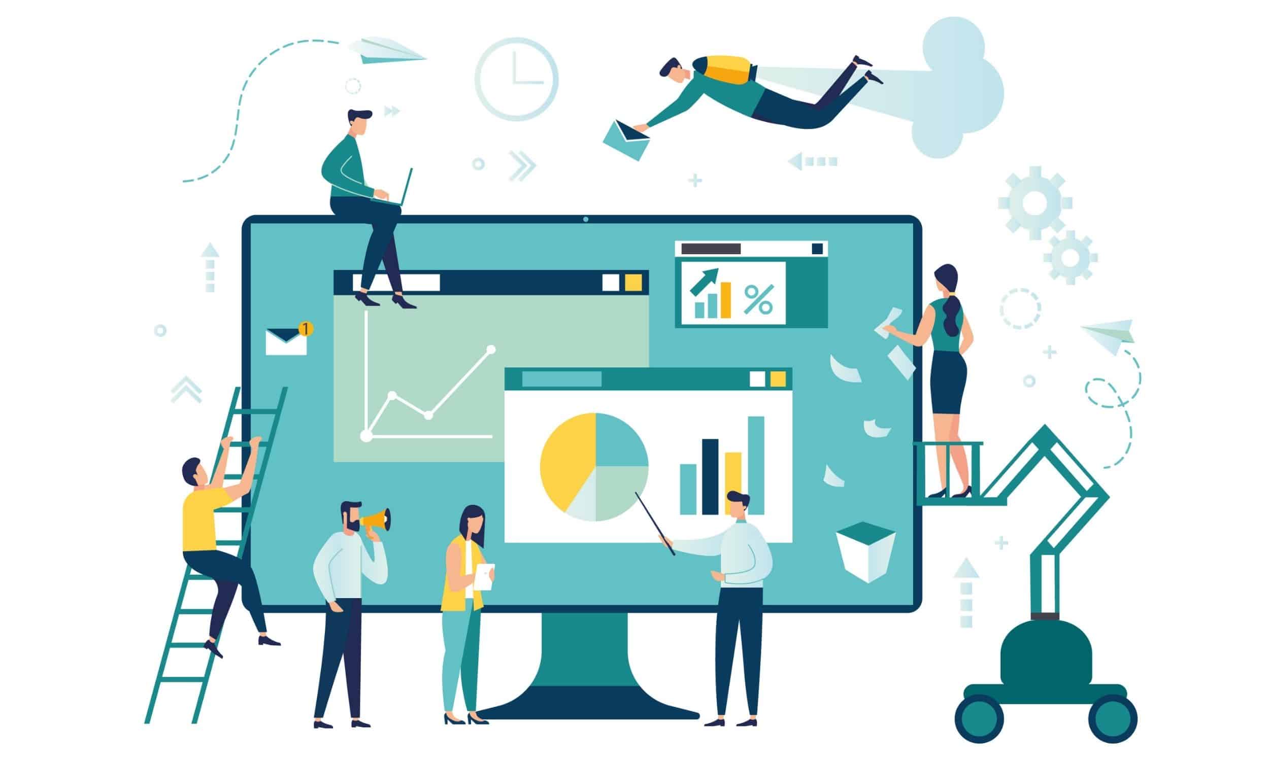 o echipă care colaborează la un proiect pentru a-și stimula strategia de management al reputației corporative