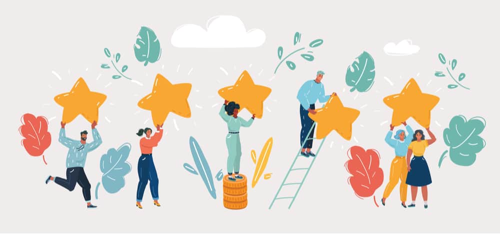 5つ星のサインを上げる人々のイラスト