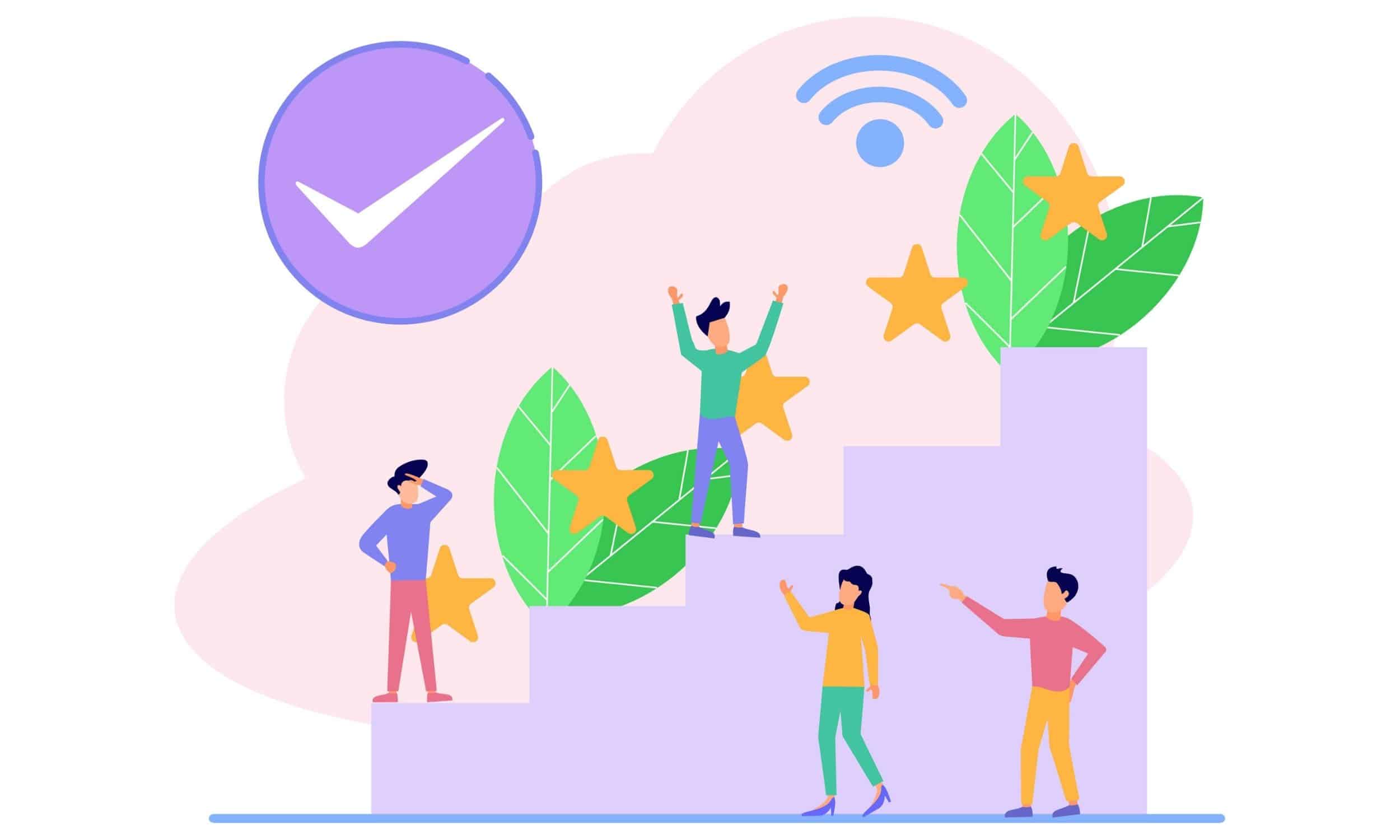 personas en las escaleras con calificaciones de estrellas de revisión y hojas para simbolizar el crecimiento